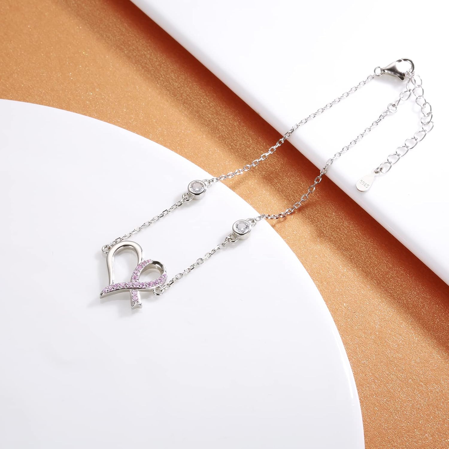 Breast Cancer Awareness Bracelet Pink Ribbon 925 Sterling Silver Jewelry Cancer Survivor Gifts for Women - Image 3
