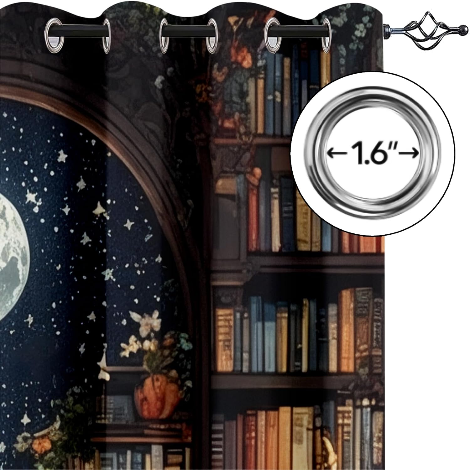 Moonlight Library Window Curtains, Vintage Bookcase Books Curtains Set 2 Panel Blackout Curtains 54 Inch Length, Grommet Window Drapes for Kid Room, 42 x 54 Inch
