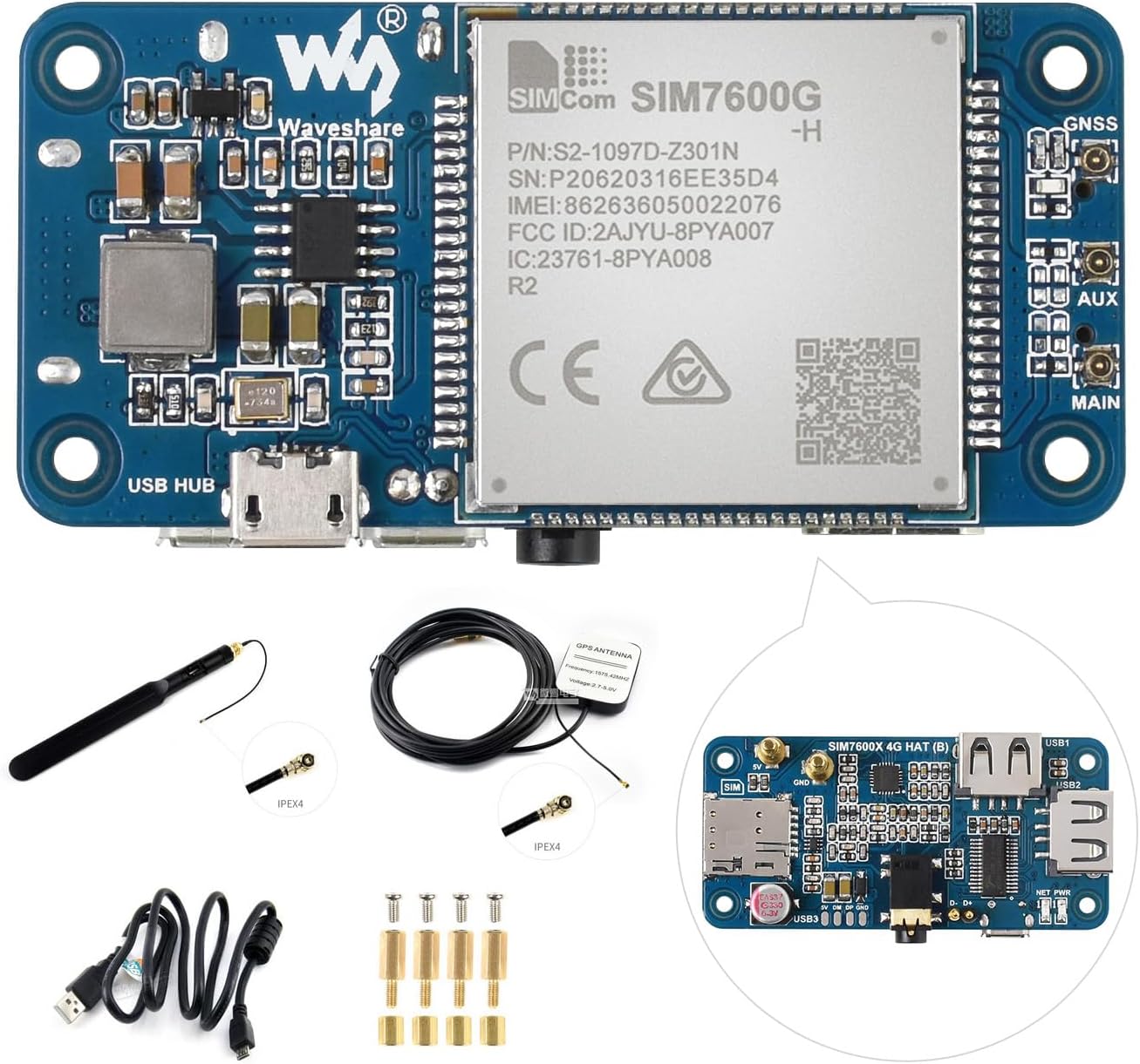 SIM7600G-H 4G HAT (B) for Raspberry Pi Supports LTE Cat-4 4G/3G/2G GNSS Positioning Global Band