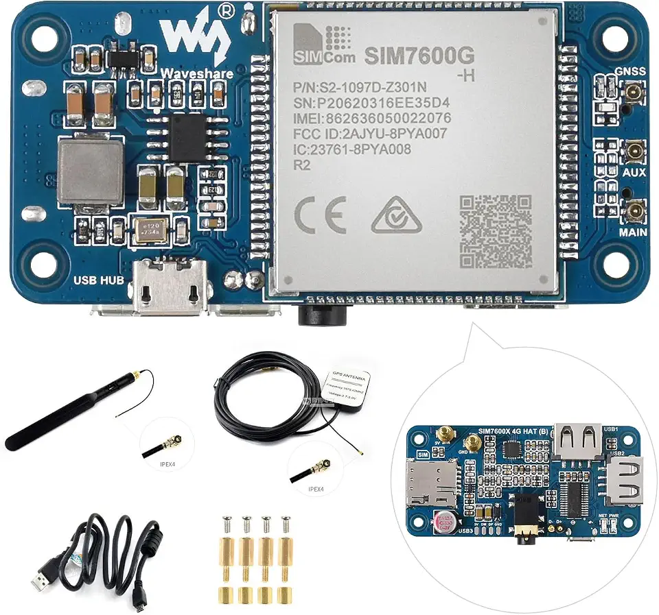Waveshare SIM7600G-H 4G HAT (B) for Raspberry Pi LTE Cat-4 4G / 3G / 2G Support GNSS Positioning Global Band