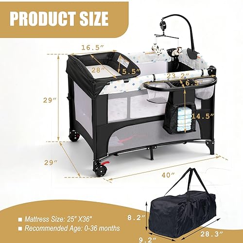 Miniatura 6 de Corral de bebé de altura ajustable 4 en 1, centro plegable para guardería con caja de música, estante de juguetes, almacenamiento lateral,