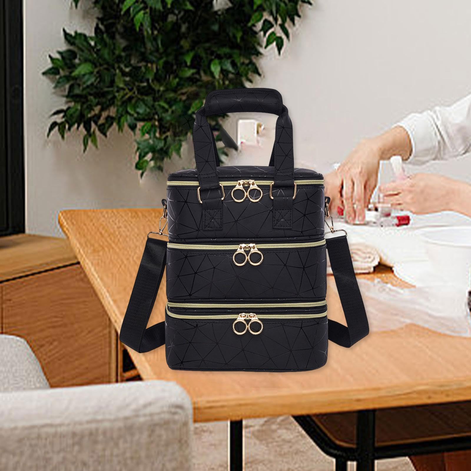 Nagellack Aufbewahrungstasche Organizer Tasche Koffer mit Drei Schichten Und Stabilem Griff Aus Oxford Stoff für Unterwegs Persönliche Pflege Geschenk, Schwarz