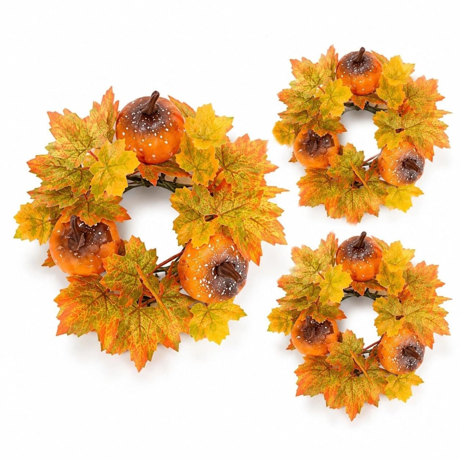 LUOZZY 3Pcs Fall Candle Rings with Maple Leaves Berries and Pumpkins