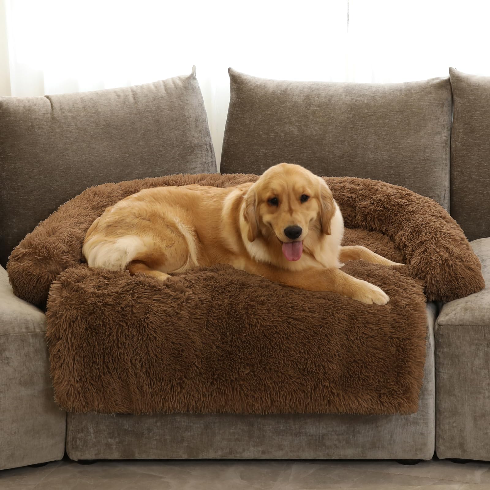 GGIB Calming Dog Bed Fluffy Plush Dog Mat for Furniture Protector with Removable Washable Cover for Large Medium Small Dogs and Cats (Extra Large (53x39.3x6), Brown)