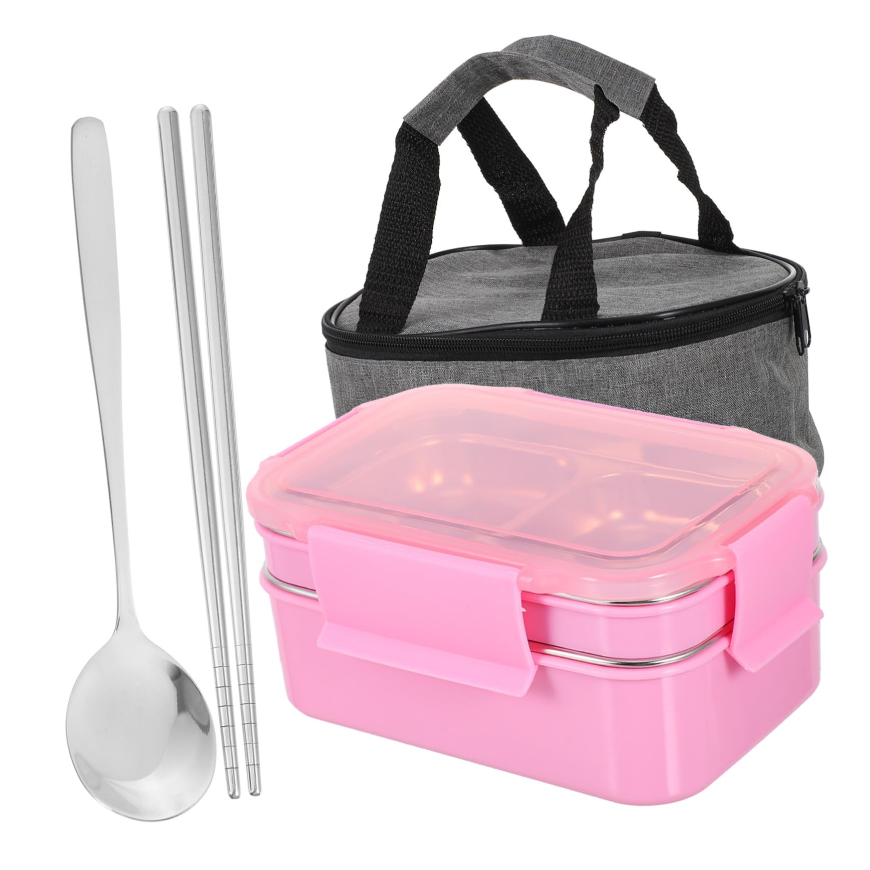 Fiambrera Térmica de Acero Inoxidable Caja de Almuerzo Portátil de Doble con Compartimentos Incluye Cuchara y Palillos Bolsa Aislante Rosa para Oficina y Estudiantes