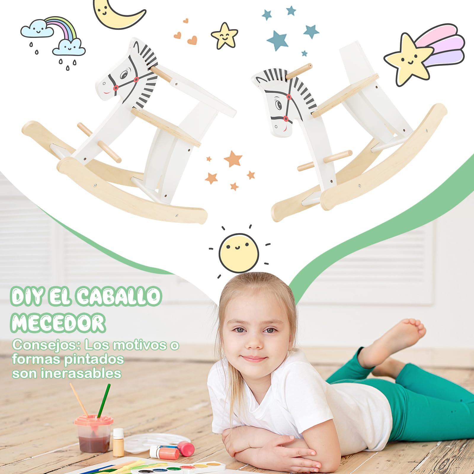 COSTWAY Caballito de Madera de Balancín, Balancines para Bebes con Vallas Extraíbles, Equilibrio Suave de 11-22 Grados, Asiento y Respaldo Cómodos, Caballo Mecedor de Madera para Niños de 3+ Años