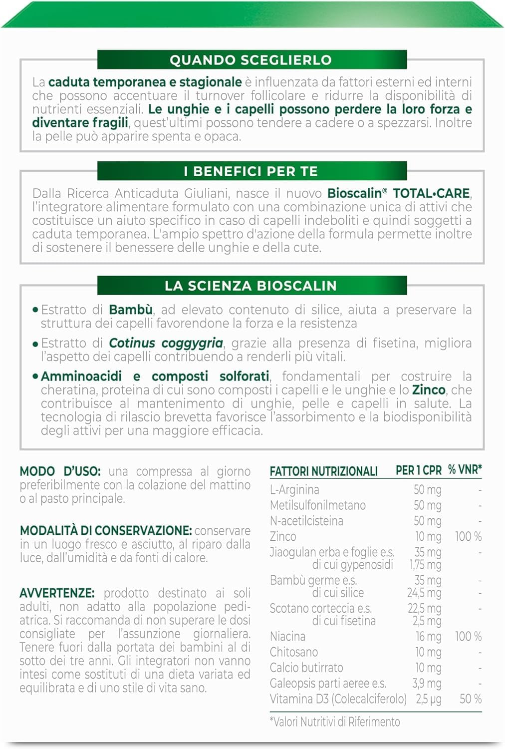 Bioscalin TOTAL•CARE Suplemento alimenticio con activos naturales para el cabello, la piel y las uñas más fuertes, para mujer y hombre, sin gluten, 90 comprimidos