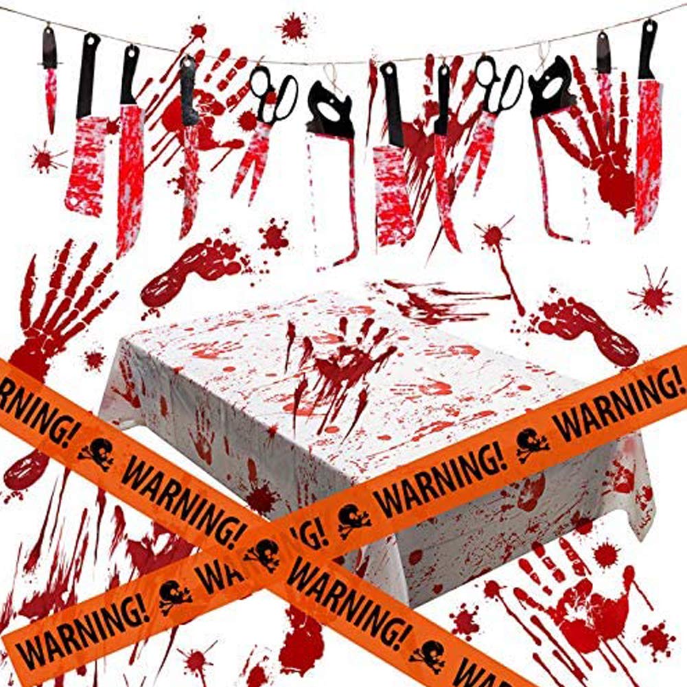 Moscare Halloween Decorations Set, Bloody Weapons Banner,Bloody Handprint Footprint Sticker,Window Clings,Bloody Tablecloth and Warning Tape for Home Party Decor