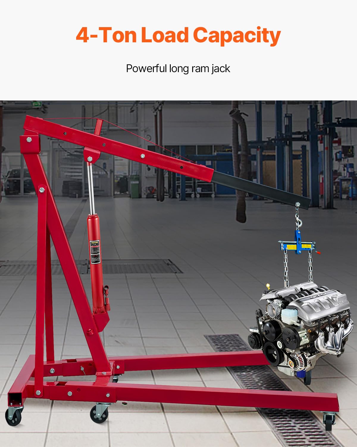 VEVOR 4 Ton Hydraulic Long Ram Jack, Cherry Picker Ram with Single Piston Pump, Manual Engine Hoist Cylinder with Handle and Flat Base, for Garage & Engine Lifting, Red