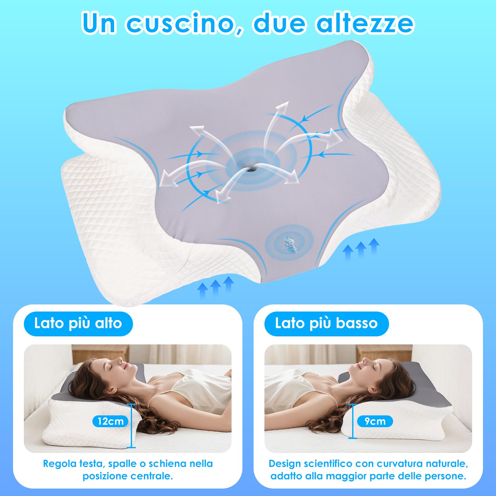 Dreamhigh® Cuscino Cervicale per Dormire, 2 in 1 Cuscino Memory Foam, Sollievo Efficace dal Dolore, Cuscino Ortopedico per Dormire sul Fianco, Schiena e Pancia, 63 x 42 cm x 9/12 cm