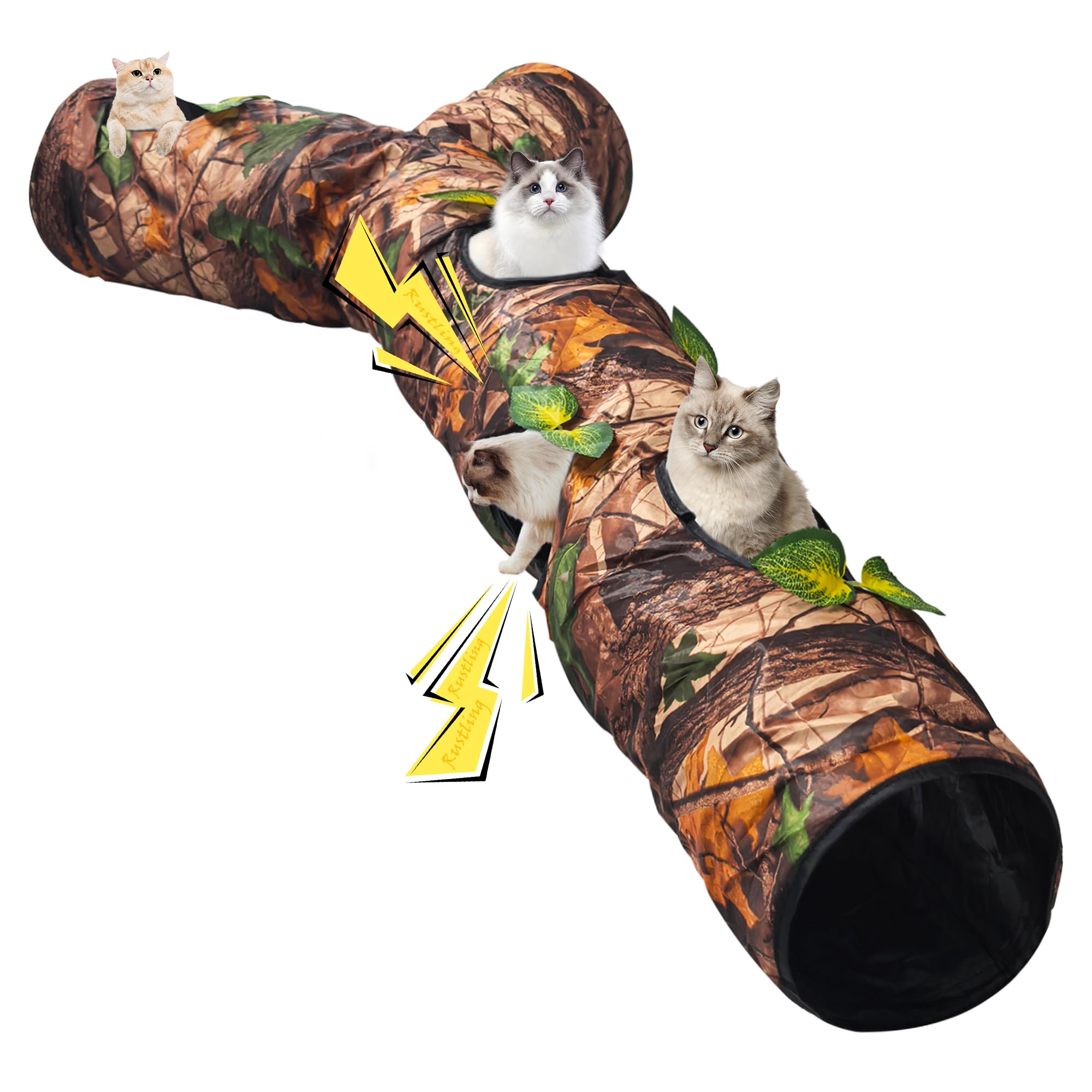 FelRelWel Cat Tunnel,Under Christmas Tree 59" Large Y-Shape Cat Cave with 3 Rustle Channels & Leaves, Portable Cat Bed Toy for Indoor Kittens & Small