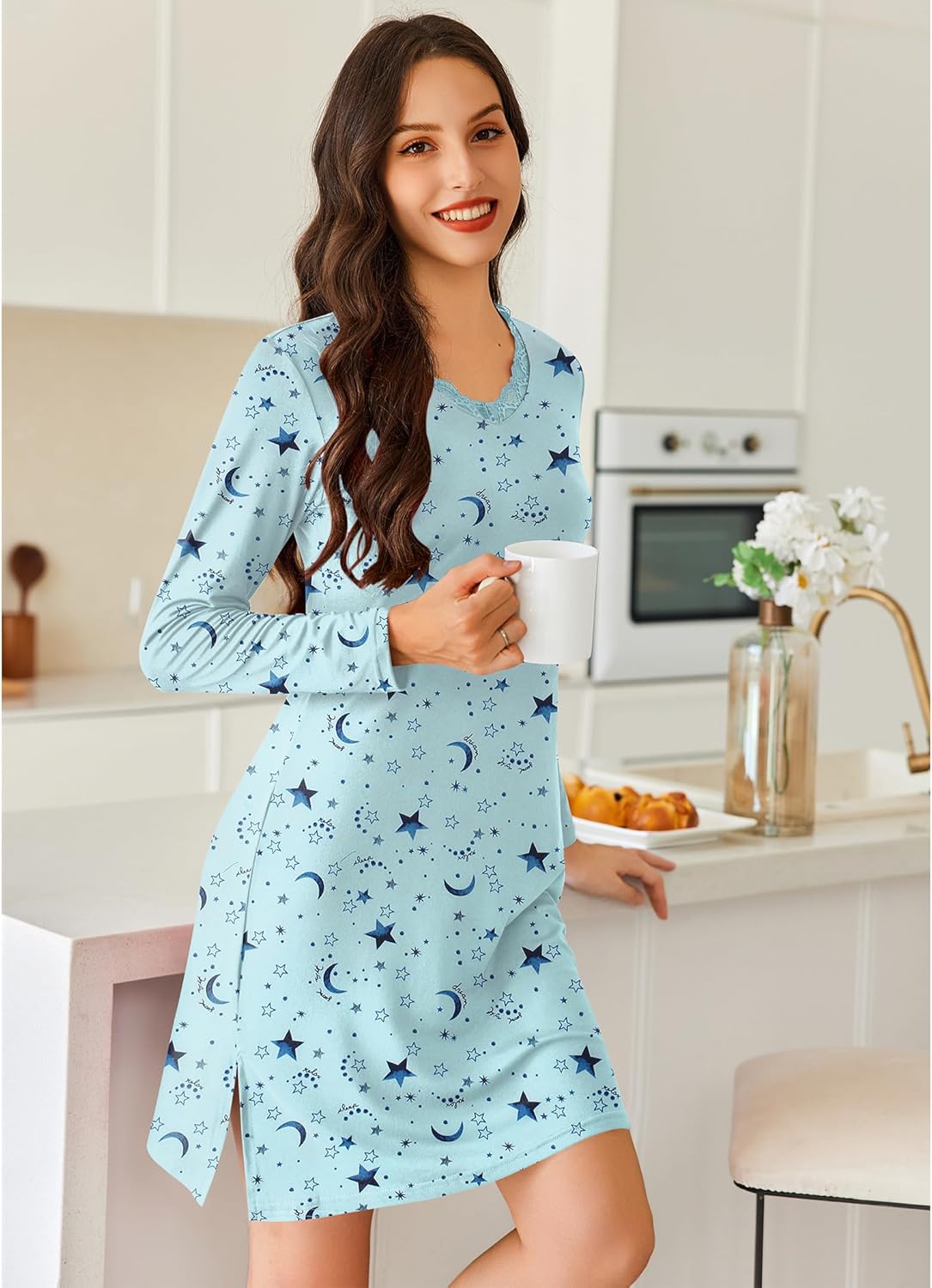 Ekouaer Long Sleeve Nightgowns for Women Sexy Lace Night Shirt V Neck Sleep Shirt Soft Sleepwear - Image 5