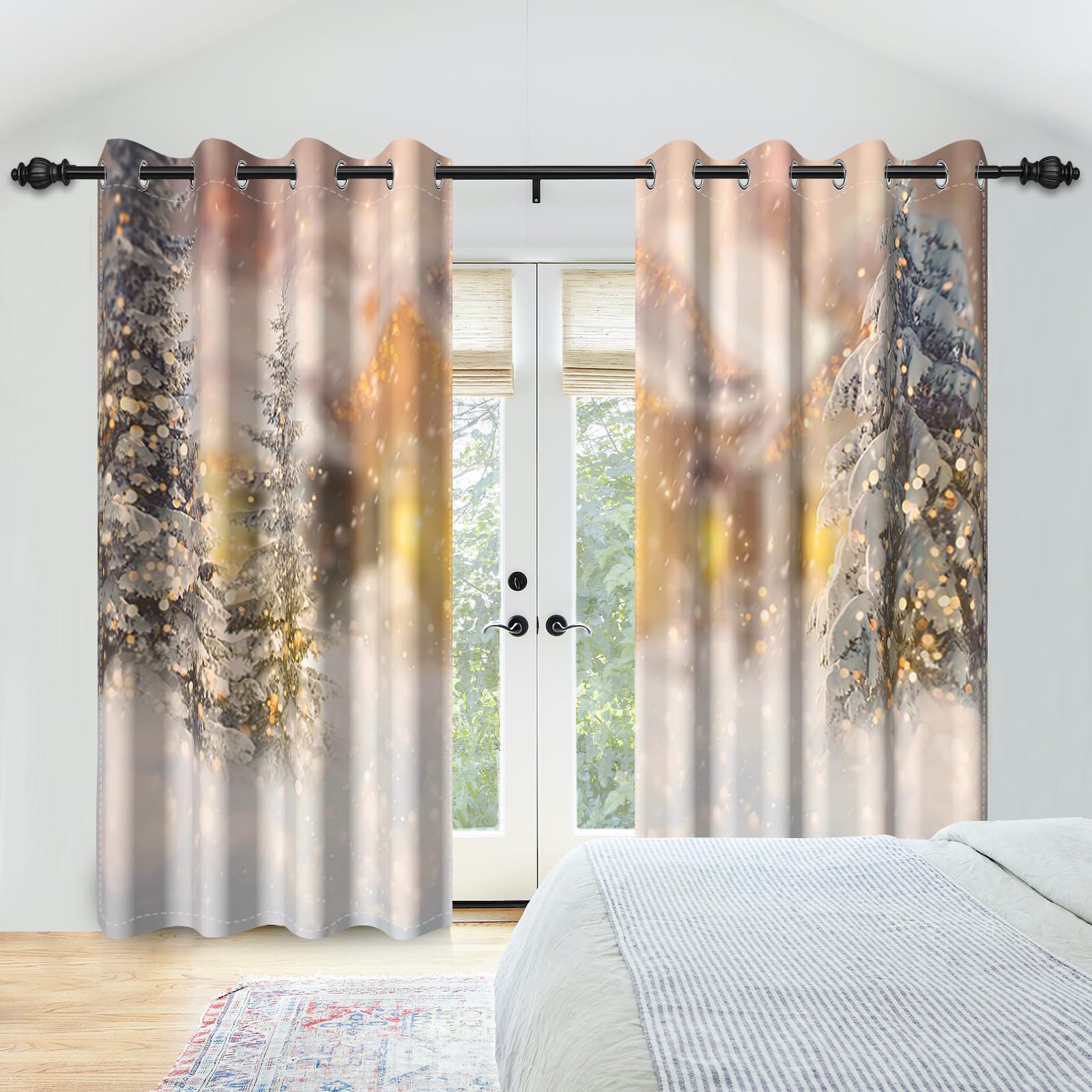 Cortinas navideñas, Cortinas Verdes para árbol de Navidad, Paisaje Invernal, Cortinas Opacas Opacas con Ojales para Dormitorio, salón, habitación Infantil, Juego de 2, 140 x 260 cm
