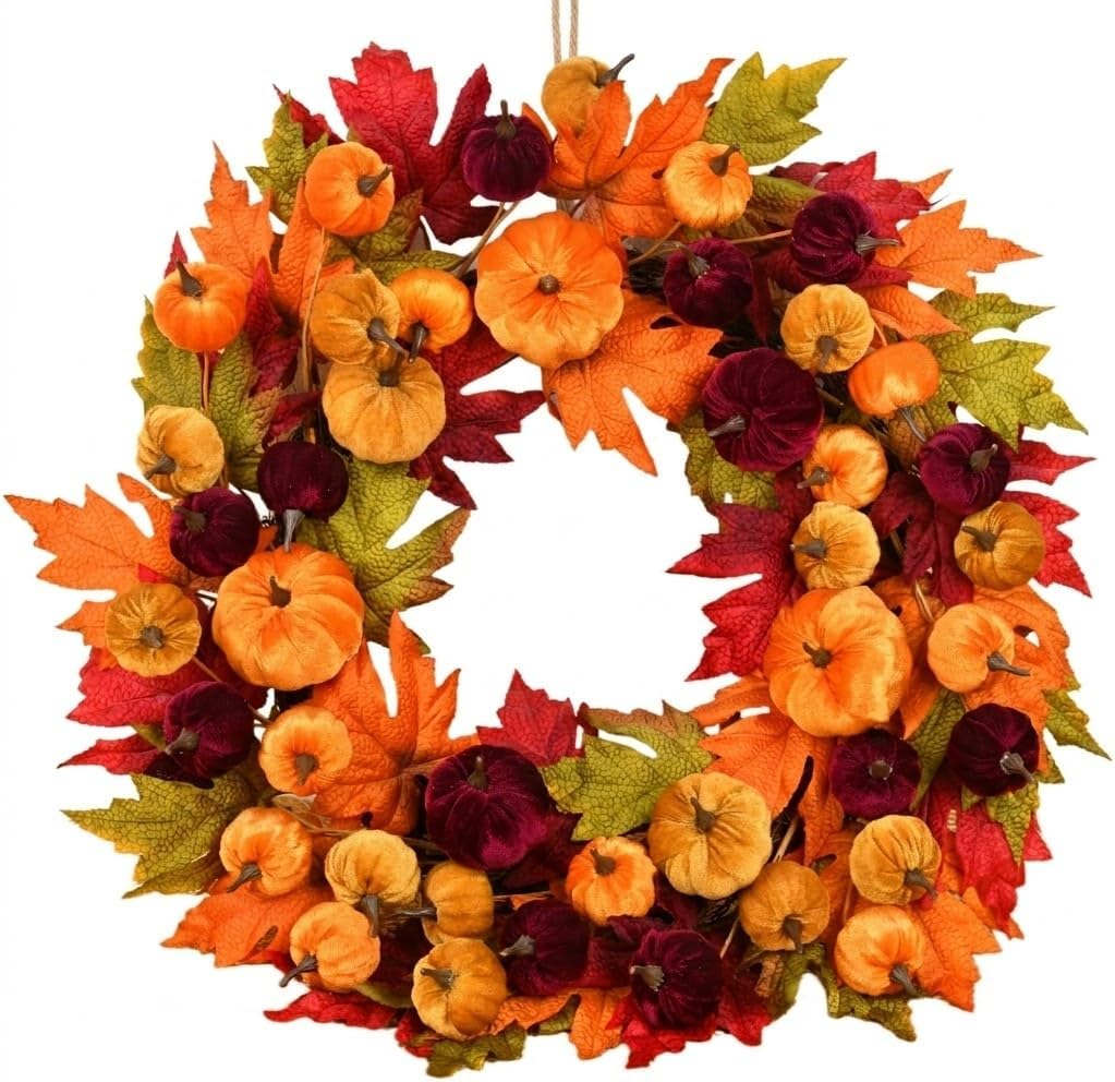 Fall Wreath for Front Door Autumn Pumpkin Maple Leaf Decor Artificial Harvest Festival Decoration Indoor Outdoor Home Wall Entryway Thanksgiving Ornament