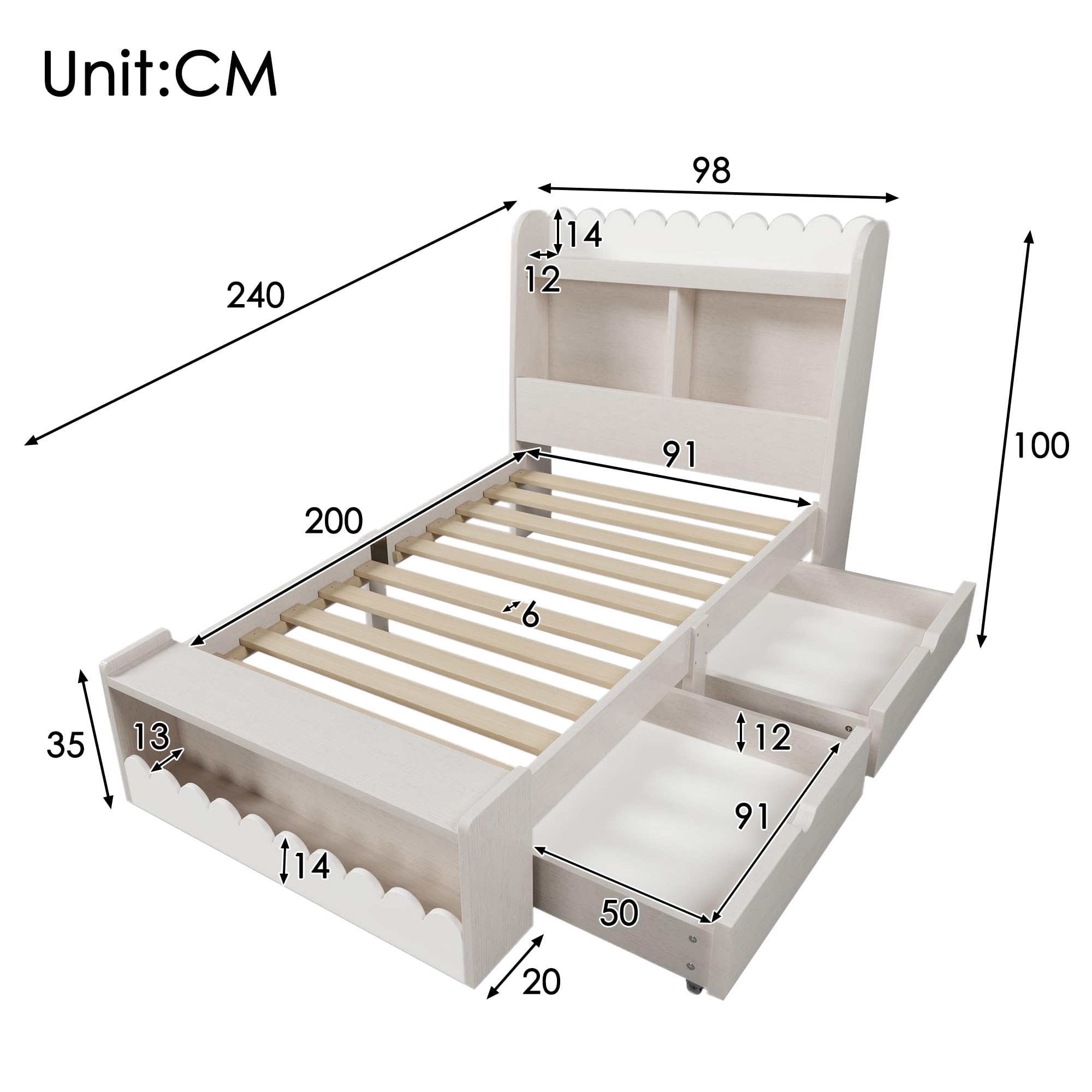 Lettino singolo con cassetti, ripiano e panchina con vano portaoggetti, letto in legno 90 x 200 cm, struttura del letto e rete a doghe in legno, bianco con rovere (senza materasso)