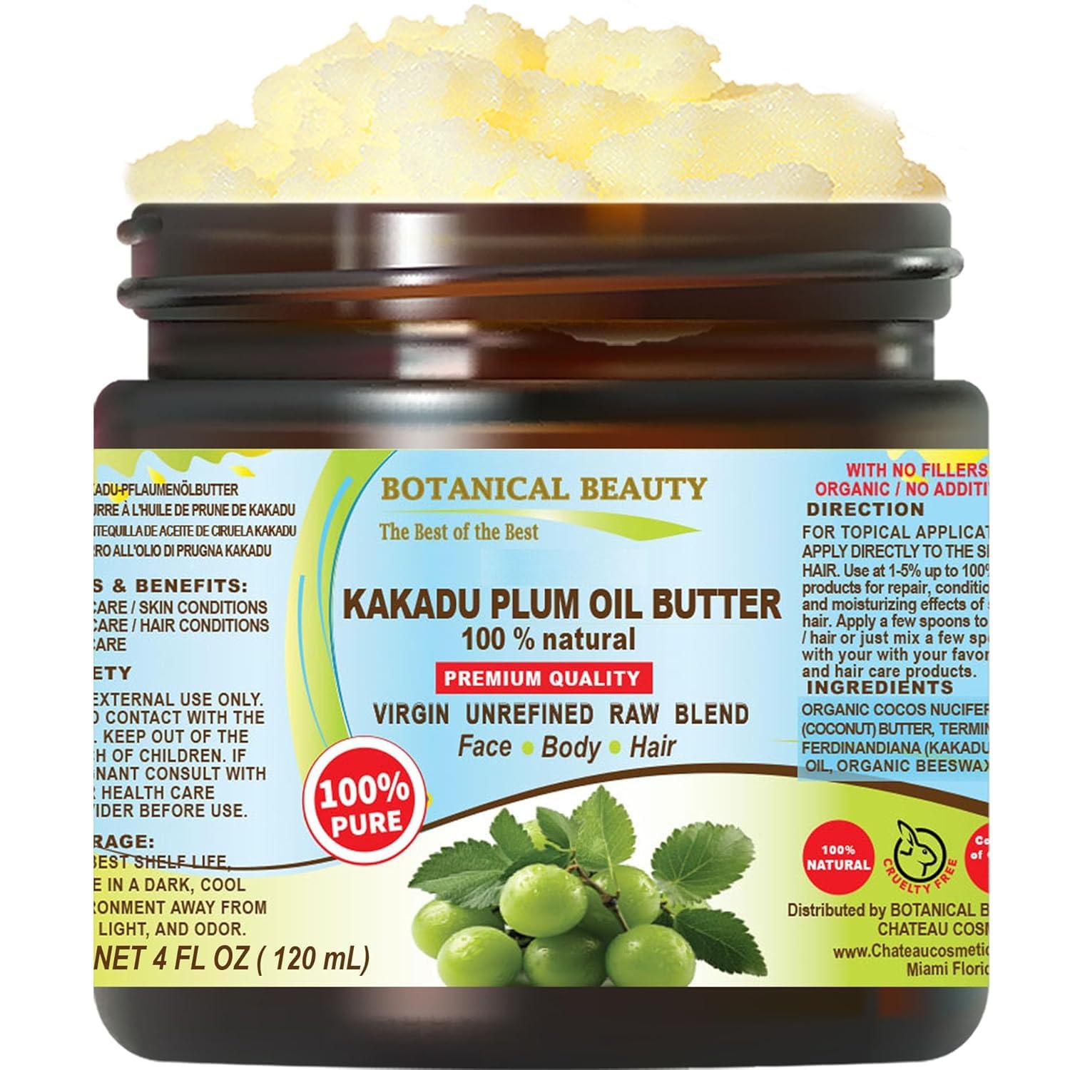 Botanical Beauty KAKADU PLUM OIL BUTTER Pure Natural Virgin Unrefined RAW for FACE, SKIN, BODY, DAMAGED HAIR, NAILS (4 Fl Oz)