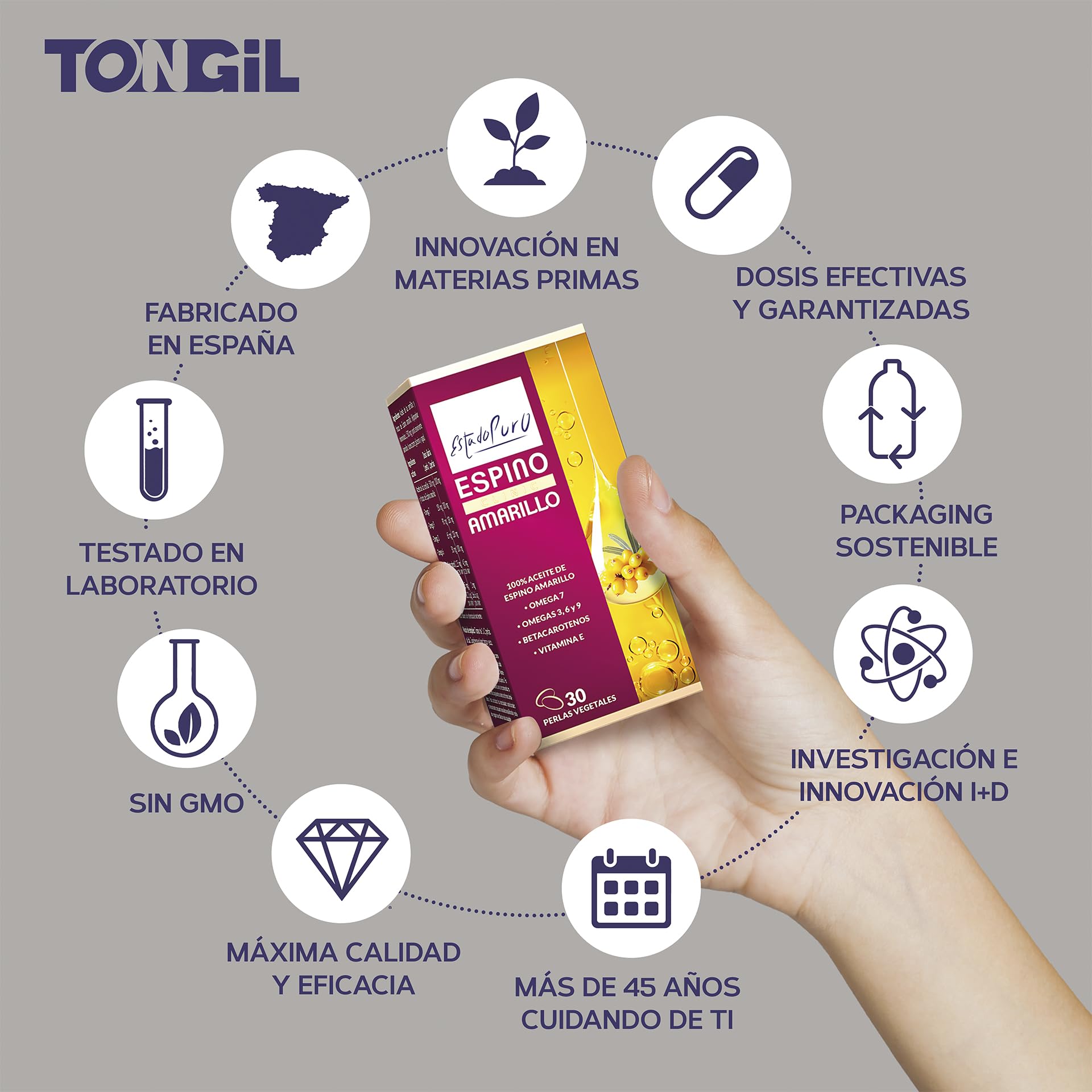 Omega 7 Espino Amarillo | Extracto Patentado Omega 3 6 7 9, Vitamina E, Betacarotenos | Salud de Piel, Mucosas y Sistema Cardiovascular | 30 Cápsulas Veganas | Estado Puro TONGIL