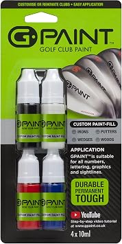 Golf Club Paint - Touch Up, Fill in, Customize or Renovate Your Clubs - 4 Pack of 10ml Bottles. Black, White, Red & Blue