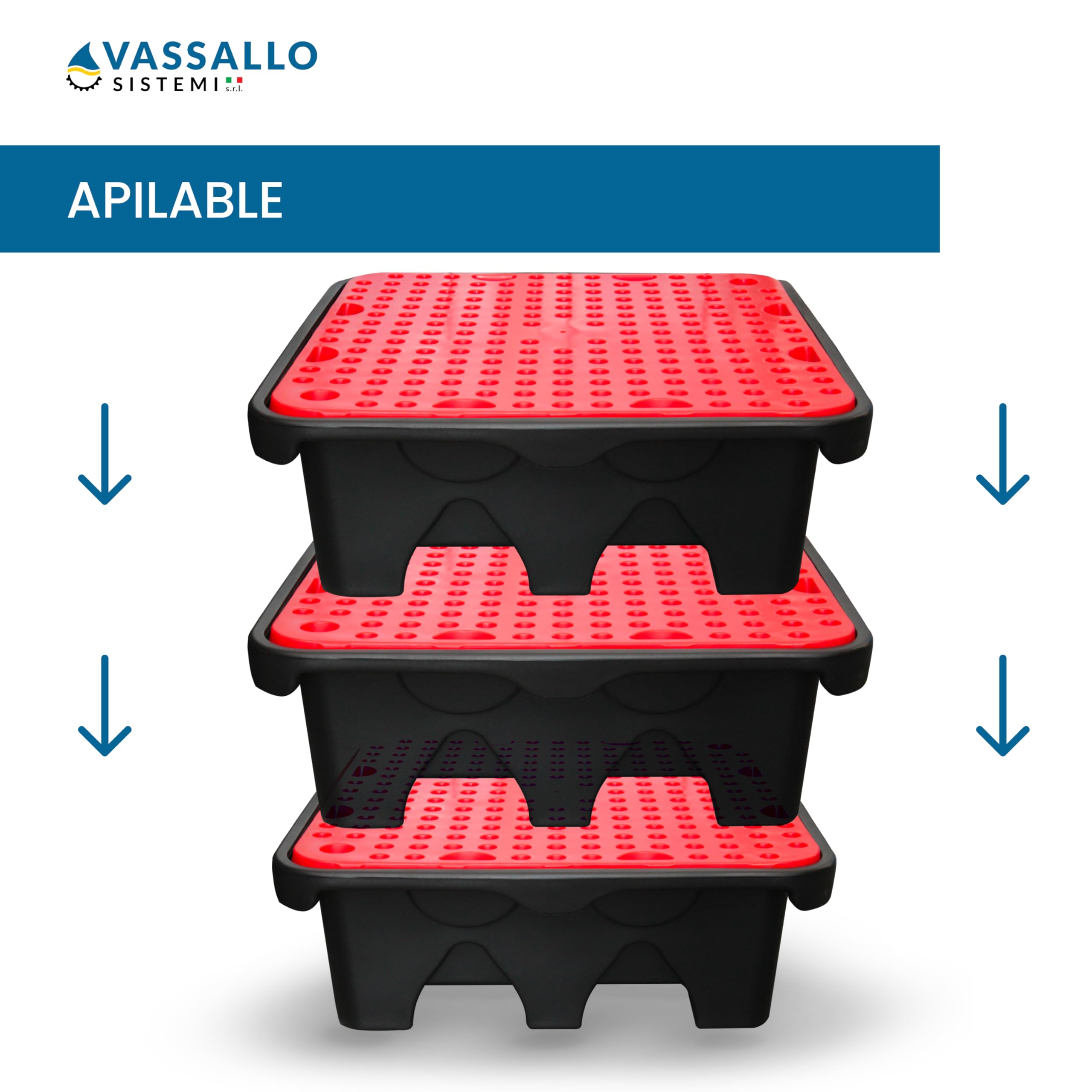 Cubeta de recolección de Polietileno para 4 bidones - Depósito Profesional de 450 l para aceites y líquidos químicos - Plataforma de Almacenamiento apilable con Rejilla extraíble - Vassallo Sistemi
