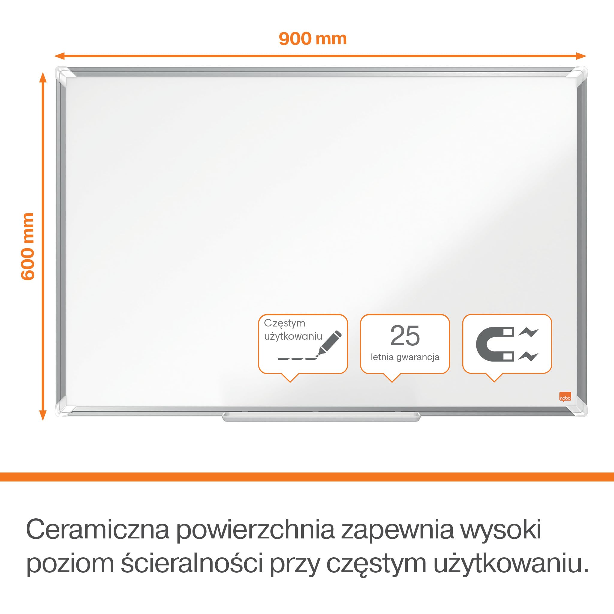 Nobo Emaliowana tablica magnetyczna 900 x 600 mm, listwa aluminiowa, montaż narożny, z długopisem do tablicy, Premium Plus, biała, 1915144