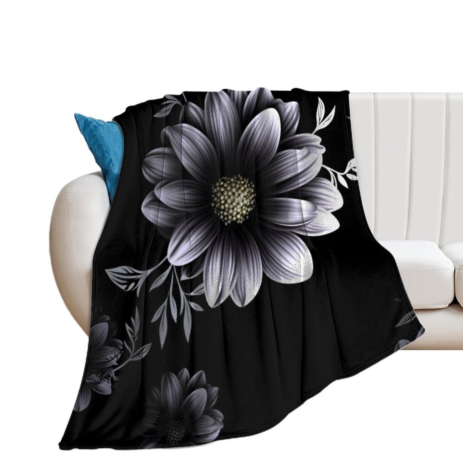 Couverture en flanelle 150x200 cm noir imprimé floral lit canapé