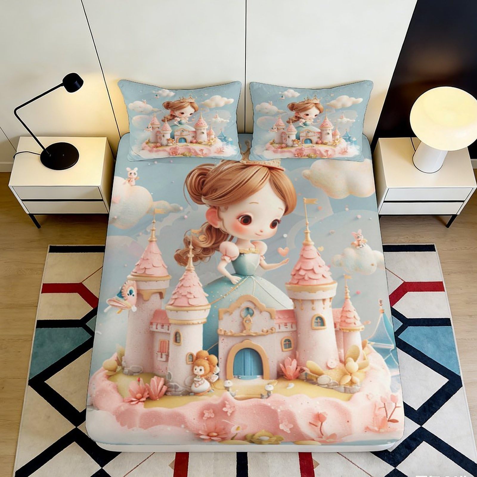 3D Printed Princess Castle Fitted Sheet Microfiber Soft Breathable Cute Girl Bed Cover for Bedroom Dormitory Guest Room Mattress Protection Decor 140x200x25cm