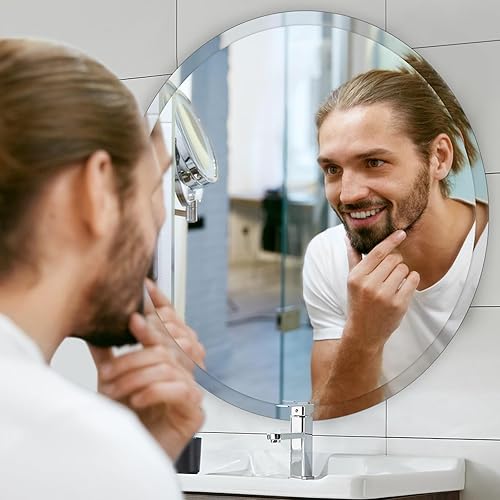 Miniatura 5 de CLBA Espejo de baño biselado de 24 pulgadas, espejo redondo sin marco, espejo de pared de borde biselado pulido de 1 pulgada, espejo circular
