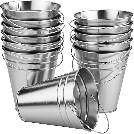 Large Galvanized Metal Buckets Bulk 12 Pack with Handle 5 X 4.5 Inches Unique