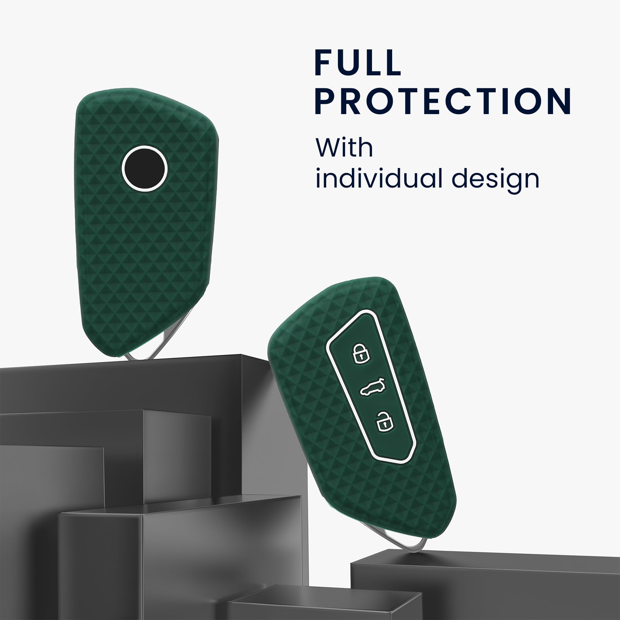 kwmobile Key Cover Compatible with VW Golf 8 3 Button Car Key - Soft Silicone Car Fob Holder Protector Case - Forest Green - Image 2