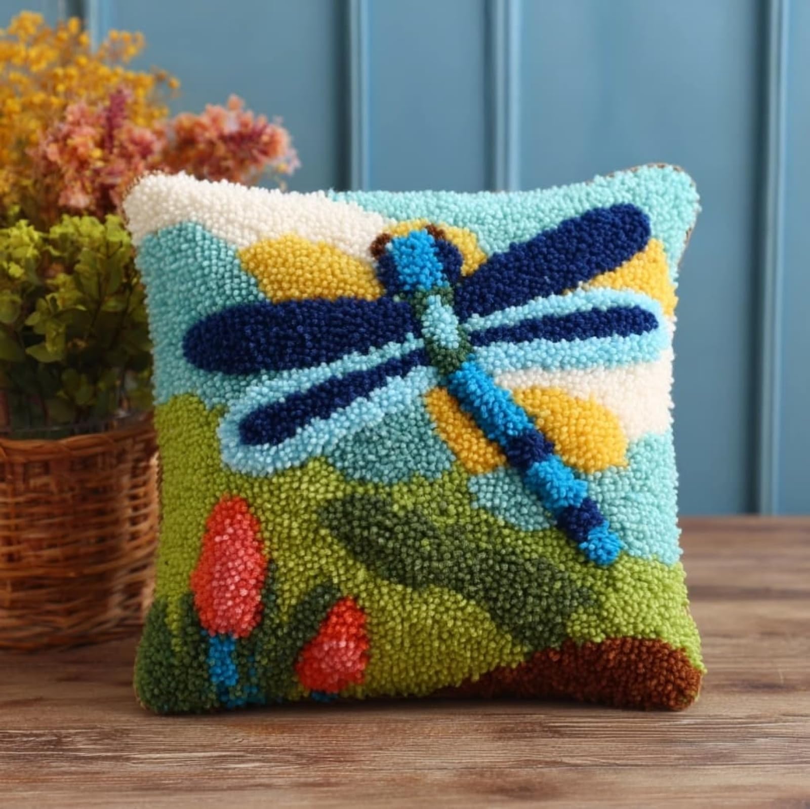 AxiangziK Latch Hook Pillow Craft Kit,Cartoon Dragonfly 43x43cm/17x17Inch,Complete Starter Kit for Beginners & Craft Enthusiasts
