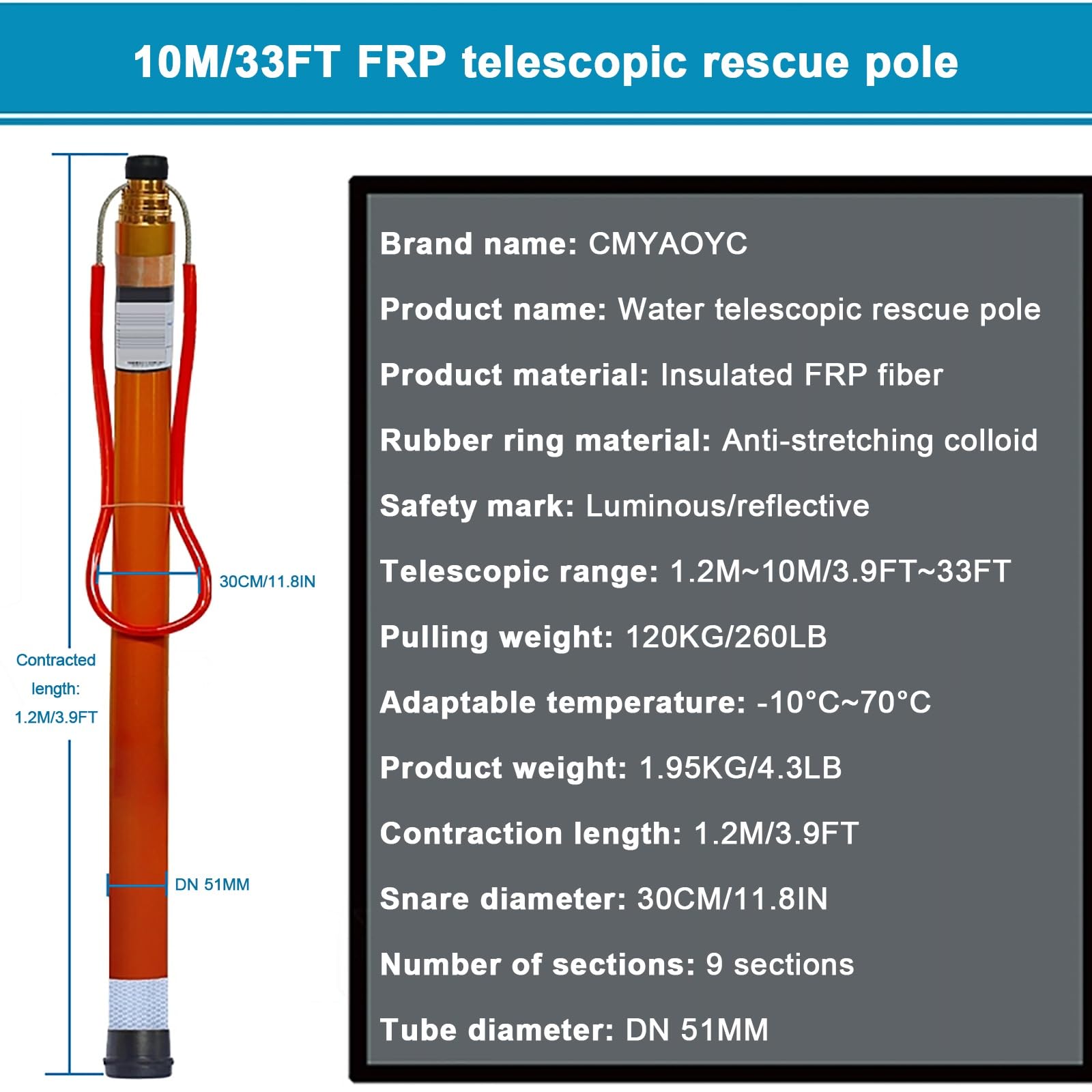 Gancio telescopico for piscina con palo in fibra di vetro, strumento for bagnino, 15-33 piedi