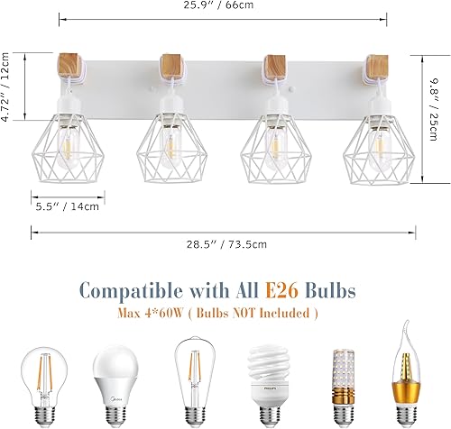 Miniatura 4 de Lámpara de tocador de casa de campo para baño, 4 luces blancas de madera blanca sobre el espejo, apliques rústicos de pared con pantalla de metal