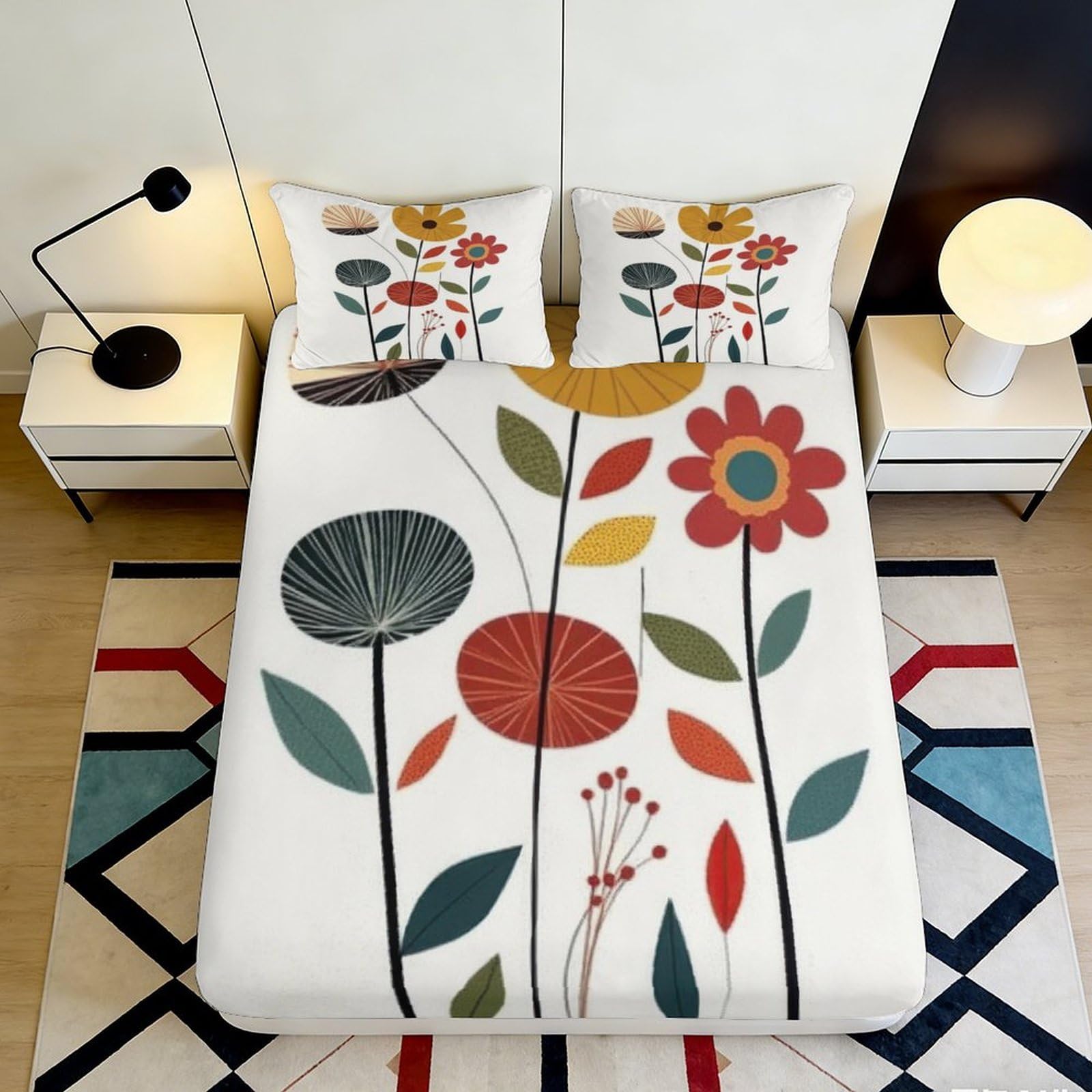 3D Printed Retro Floral Fitted Sheet Microfiber Anti-Slip Abstract Botanical Mattress Cover for Bedroom Guest Room Easy Care 120x200x25cm