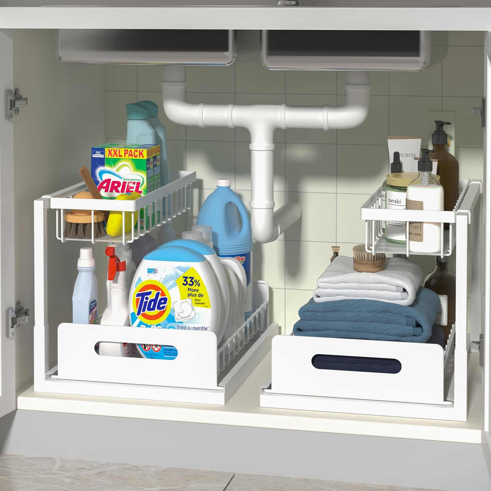 Under Sink Organizers,5 Adjustable Height，Metal Pull Out and Storage Shelves with Sliding Drawer for Kitchen, Bathroom, White, 2 Pack（Hight 13.6″-16.9″）