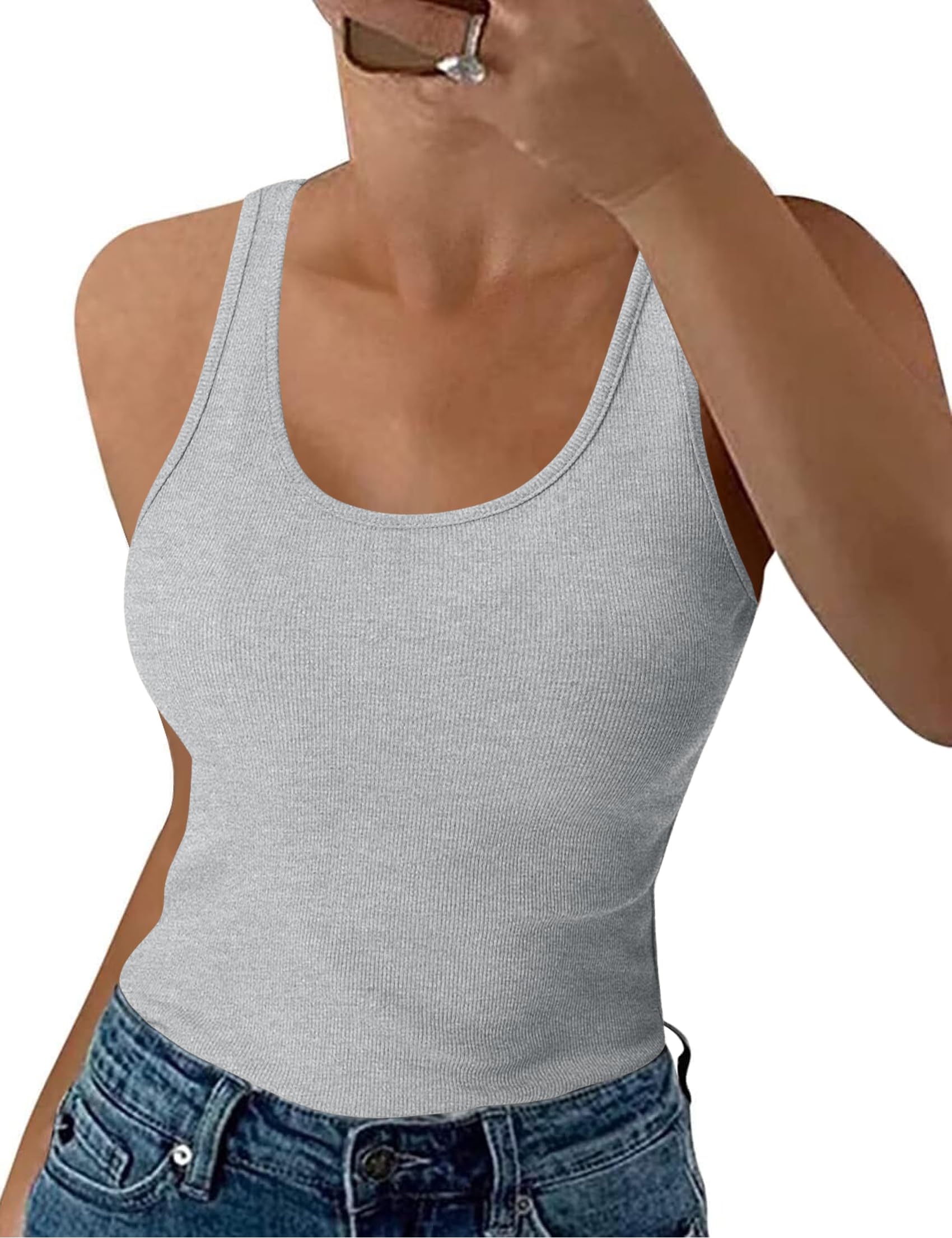 Aottori Damen Tank Top Sommer Slim Fit Oberteile Ärmellos Gerippt Basic Shirt Rundhals Weste Baumwolle Tops Sexy Casual Vest Einfarbig