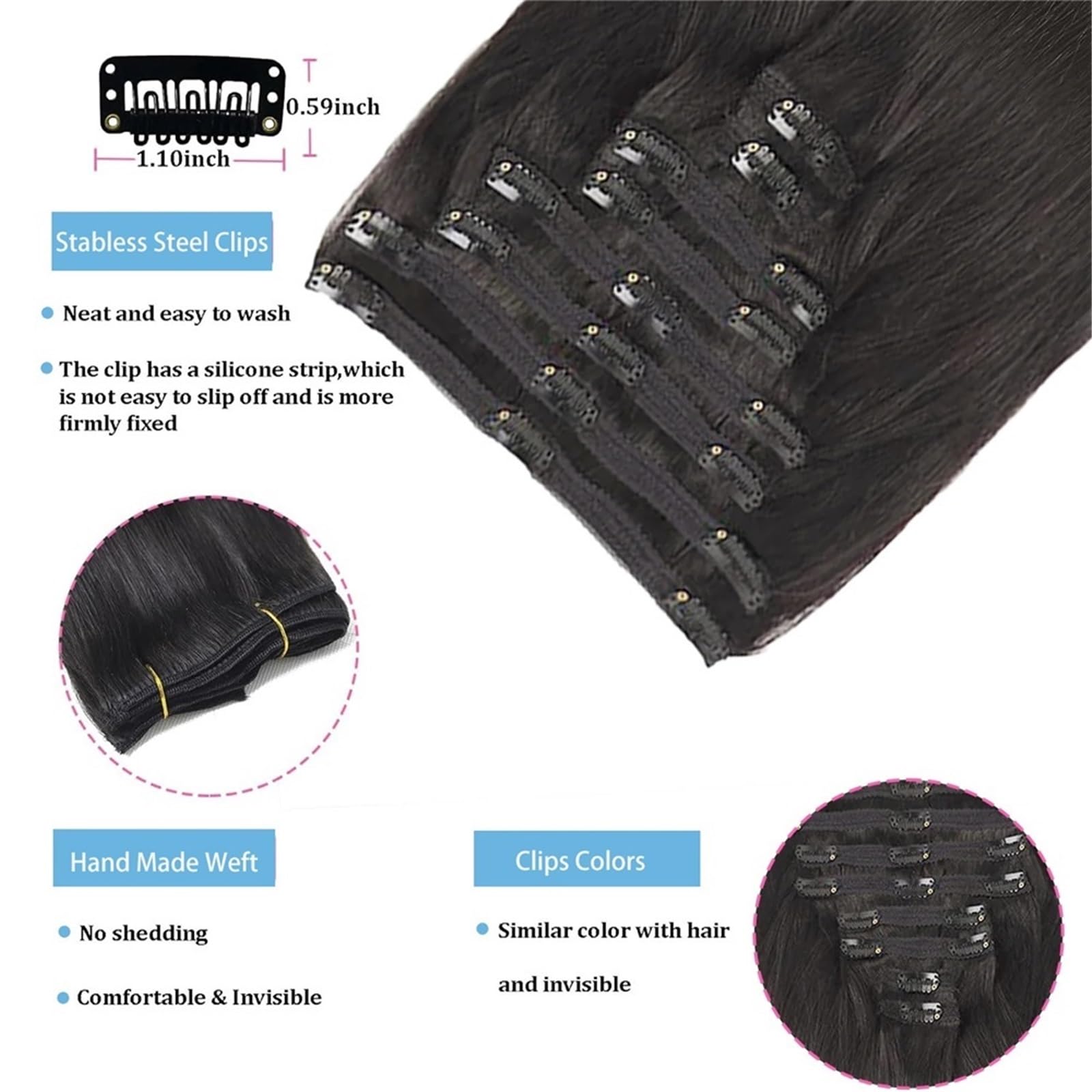 Extensiones de cabello de moda Extensiones de cabello humano liso con clip, 100% virgen brasileño sin procesar, for cabeza completa Suaves(20inches)