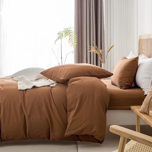 Miniatura 2 de Juego de funda de edredón tamaño King, 100% algodón lavado, súper suave, tacto de lino texturizado, duradero, juego de ropa de cama de 3 piezas con