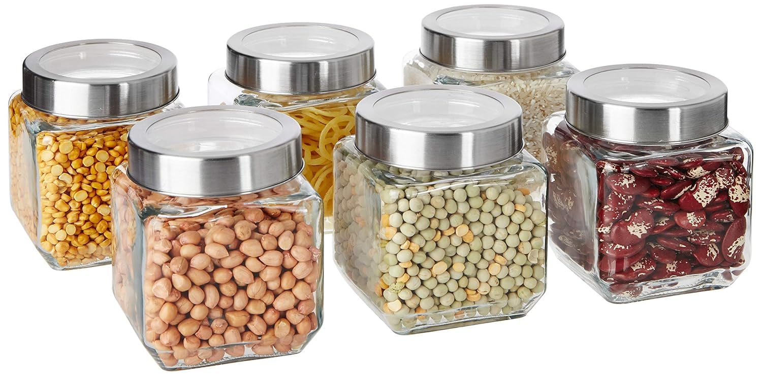 CROCO JAR Square Glass Storage Containers 580ml | Transparent Airtight Kitchen Jars with Steel Lid | Cubical Glass Jars for Pantry, Snacks, Dry Fruits, Masala, Pickle & Coffee Beans | Pack of 6