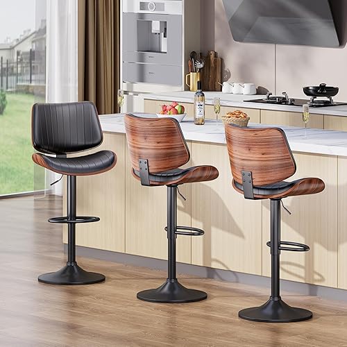 Miniatura 7 de Juego de 2 taburetes de bar para isla de cocina con respaldo de madera curvada y asiento de cuero, taburetes de bar giratorios para encimera de