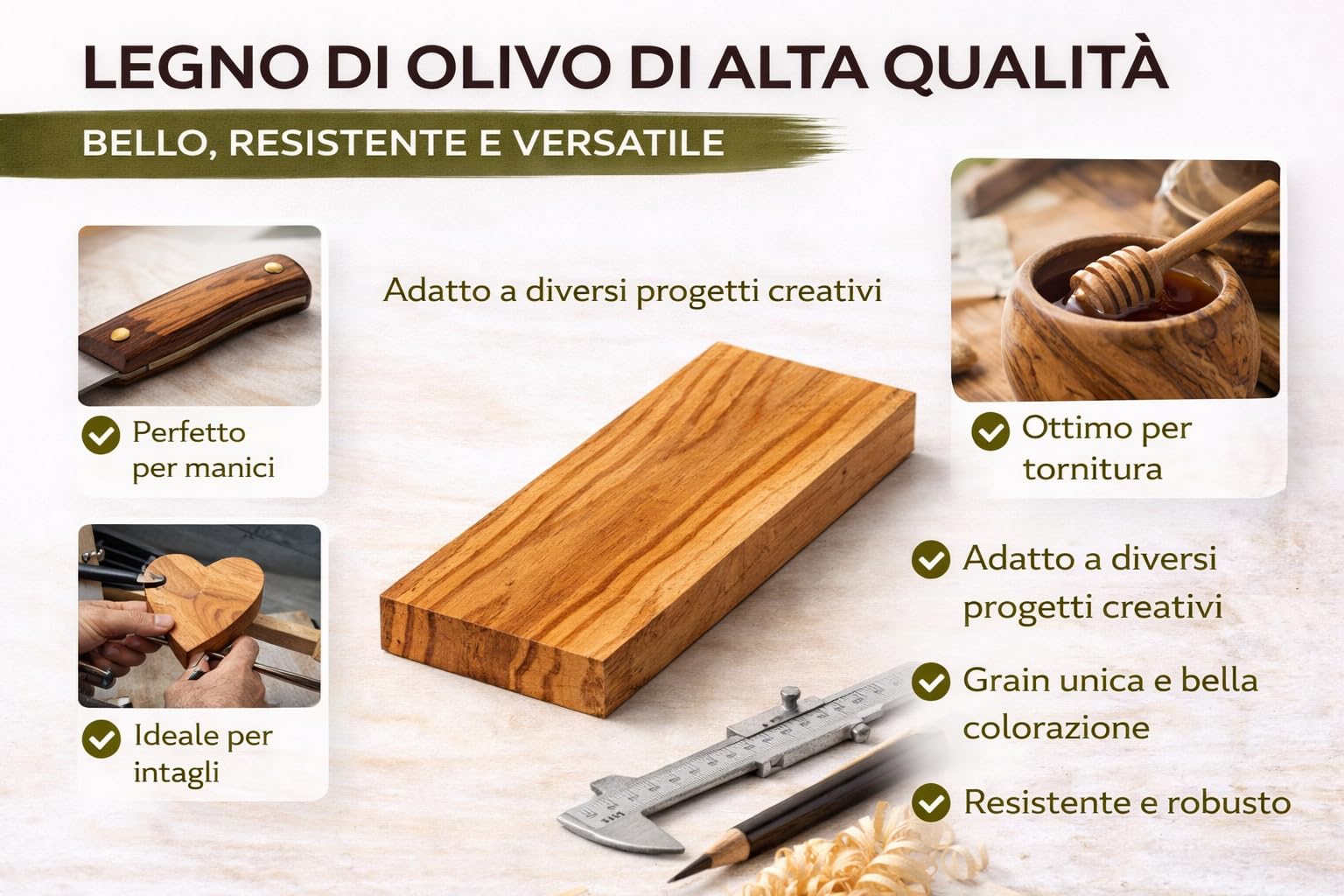 Blocchi in Legno di Ulivo Set da 3 – 5x15x1 cm – Legno Grezzo per Intaglio, CNC, Incisione, Pirografia e Fai da Te – Ideale per Manici Coltelli e Artigianato