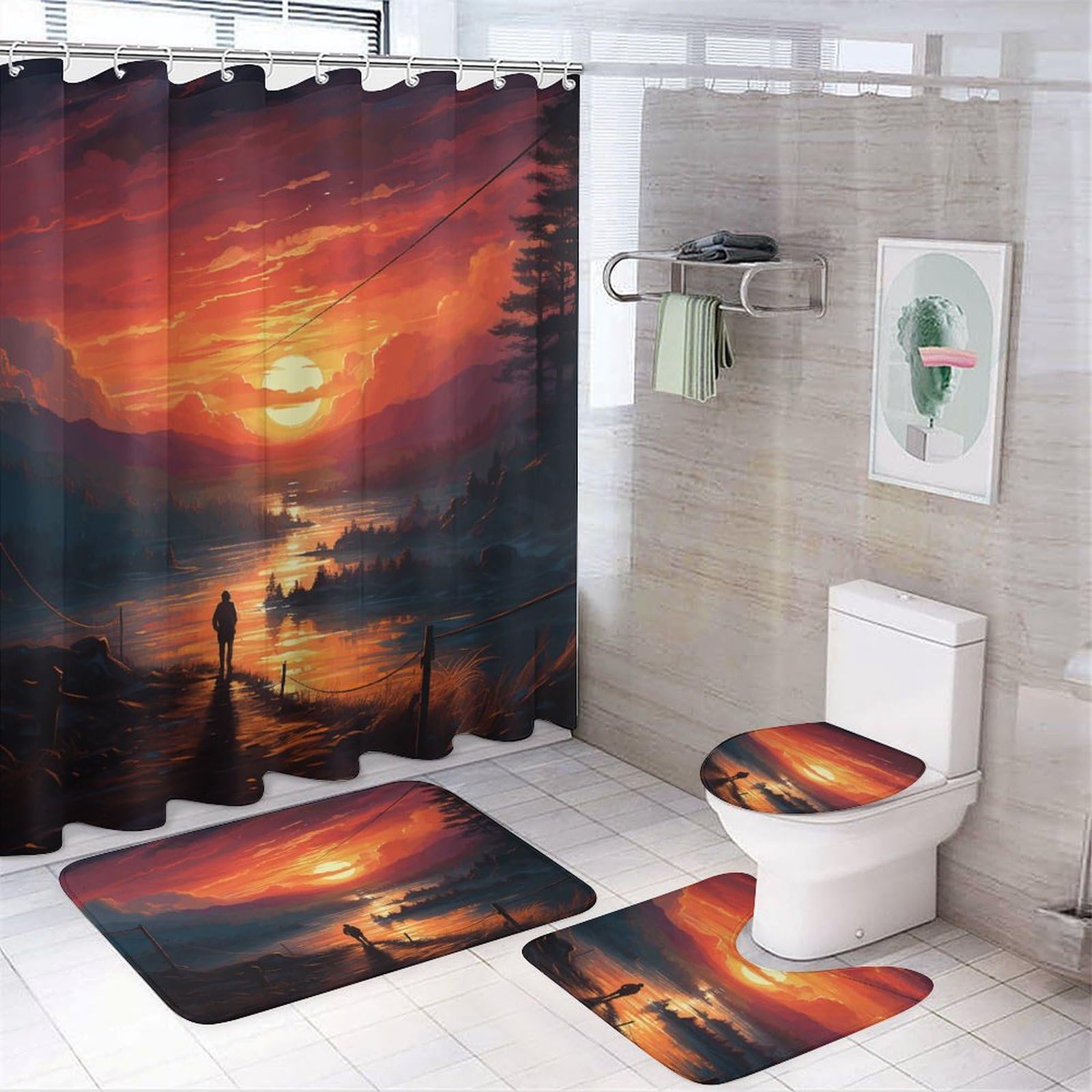 Rideau de douche et tapis coucher de soleil grand format lavable
