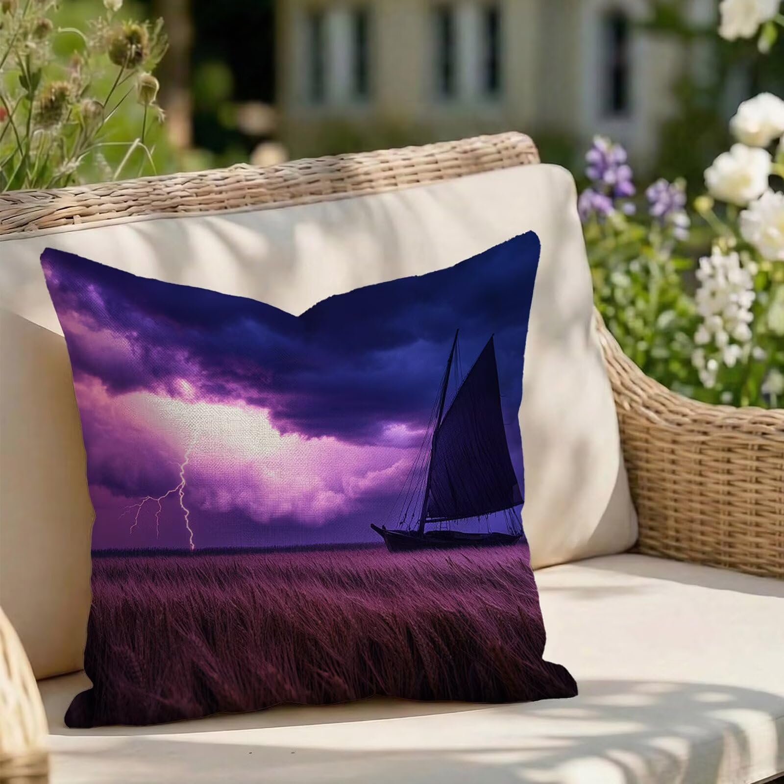 Housse de coussin 80x80 imperméable en lin violet avec double impression chic