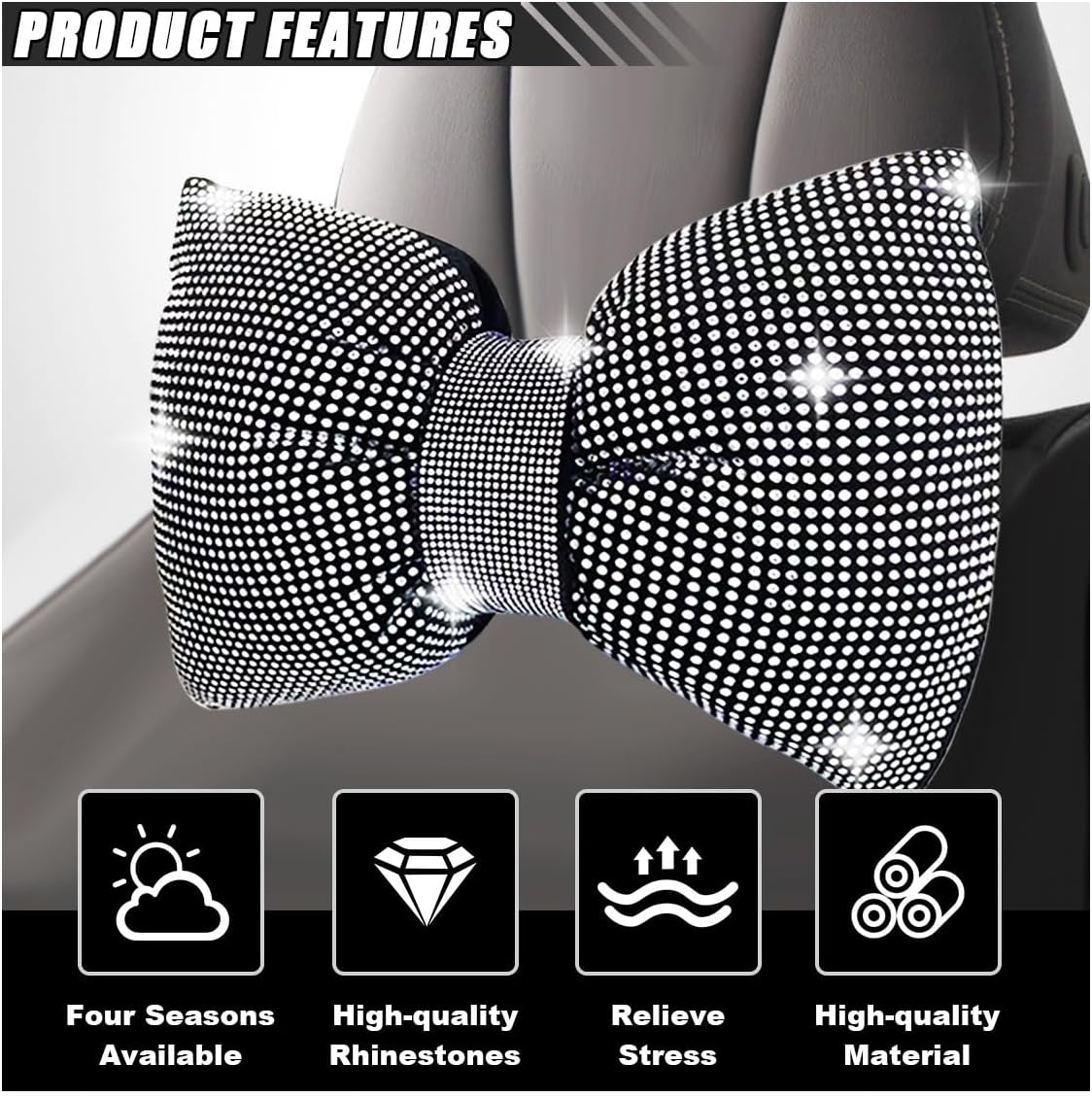 1 PCS Rhinestone Car Headrest Neck Pillow, Auto Headrest Cushion for Driving Seat, Bling Crystal Diamond Bow Neck Support Relax Pillow, Car Interior Accessories for Women Girly (White)