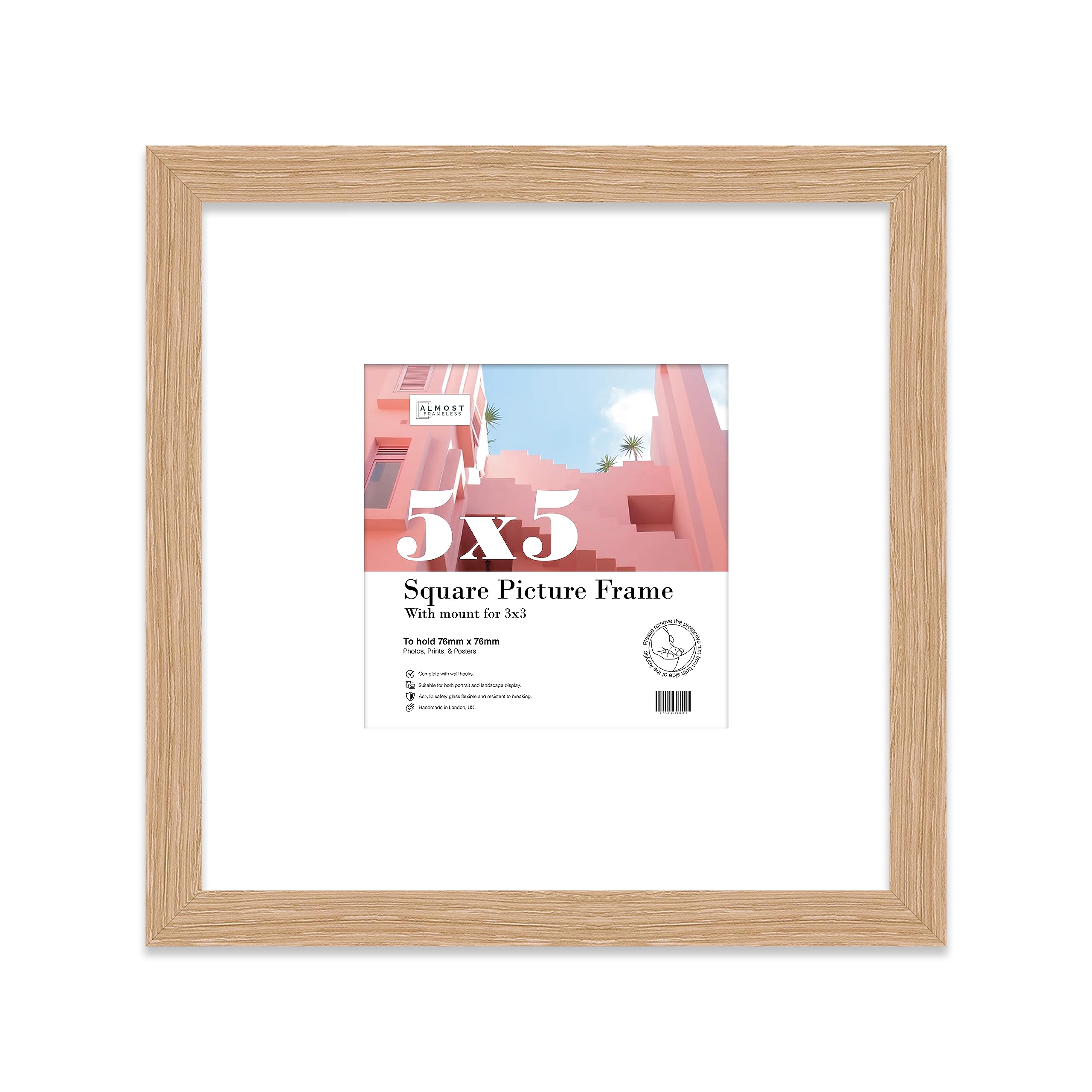 Almost Frameless 5x5 Picture Frame, Display Pictures 3X3 With Mat or 5x5 Without Mat, Wall Hanging & Free Standing Photo Frame, Oak, 1 Pack