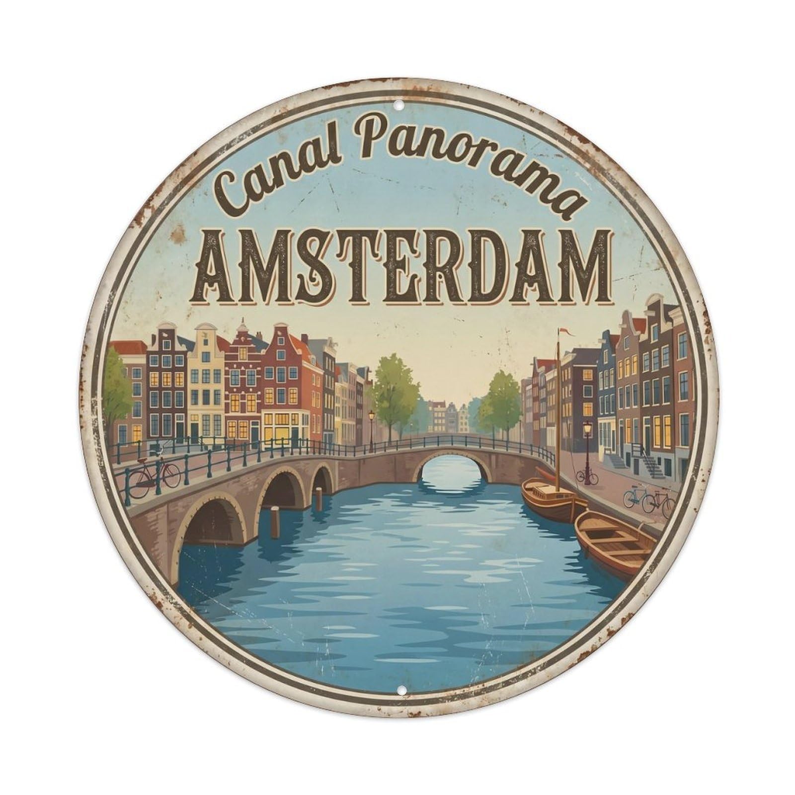 Vintage Travel Amsterdam Canal Panorama Metal Tin Sign Plaque Wall Decor for Cafe, Club, Garden Round Metal Poster 8x8Inch