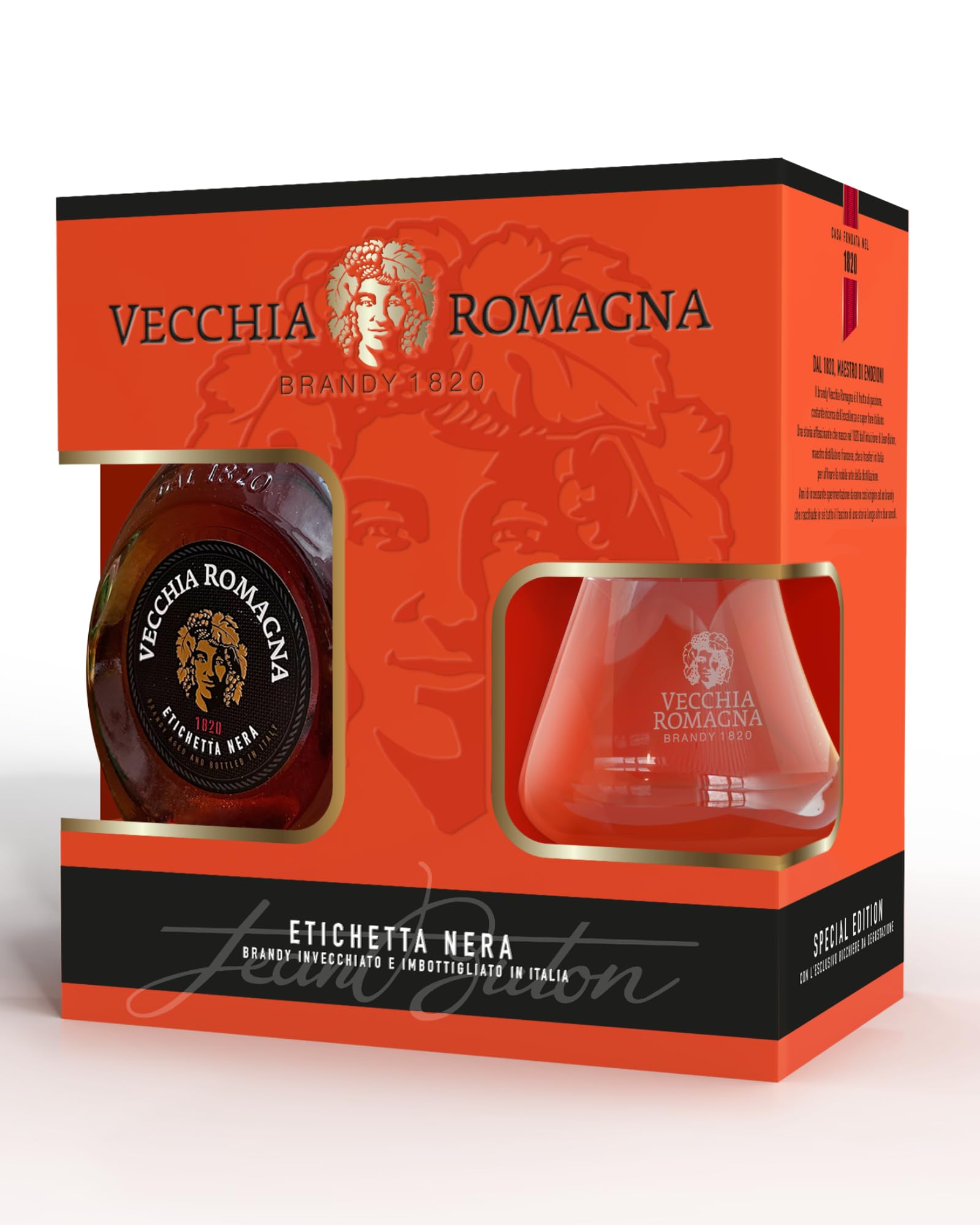 Vecchia Romagna Etichetta Nera 70cl Special Pack - Confezione regalo con un bicchiere. Brandy con doppio invecchiamento, gusto elegante e deciso. 38% vol.