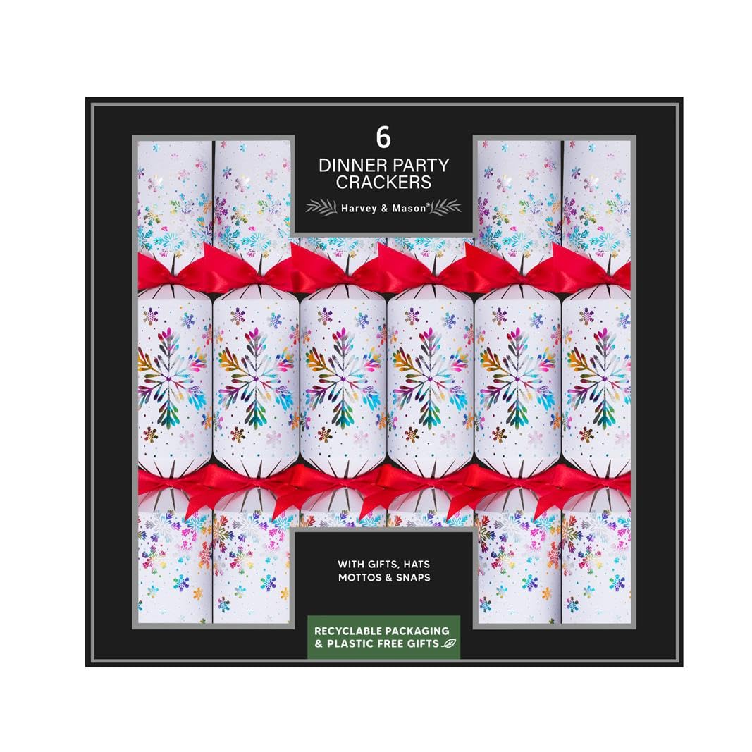 Harvey & Mason Rainbow Set Of 6 Colourful Christmas Crackers Winter Snowflakes Festive Table Holographic Red Ribbon