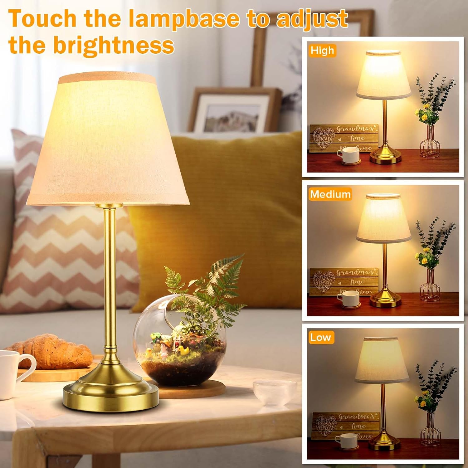 Gold Table Lamps Set of 2, Touch Control &3-Way Dimmable,Vintage Brass Bedside Lamps with LED Bulbs for Nightstands Bedroom Living Room Office