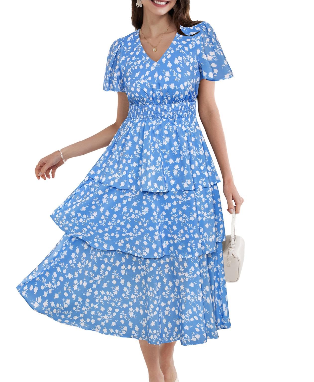 GRACE KARIN Vestido Midi para Mujer Manga Corta Cuello en V Cintura Elástica Línea A Acampanado