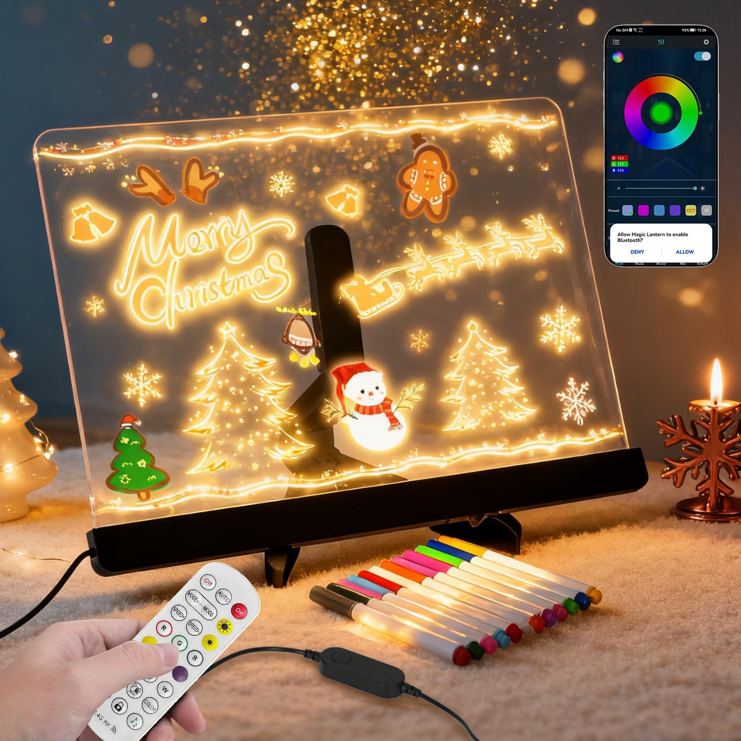 LED Note Board with Colors,14''x10'' Acrylic Led Drawing Board with 12 Markers,Dry Erase Boards Music Sync&Flash Modes,Dimmable Brightness for Cafe/Bar/Home/Party Deco